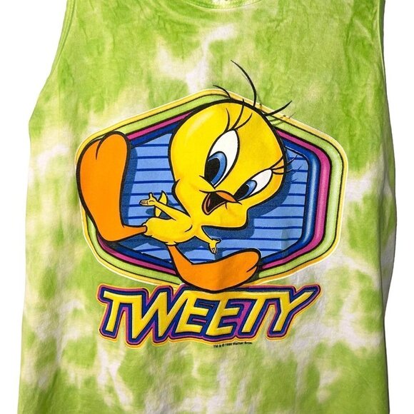 Looney Tunes Womens Swim Coverup Tank Top Vintage 90s Tweety Bird Tie Dye Green - Picture 3 of 9